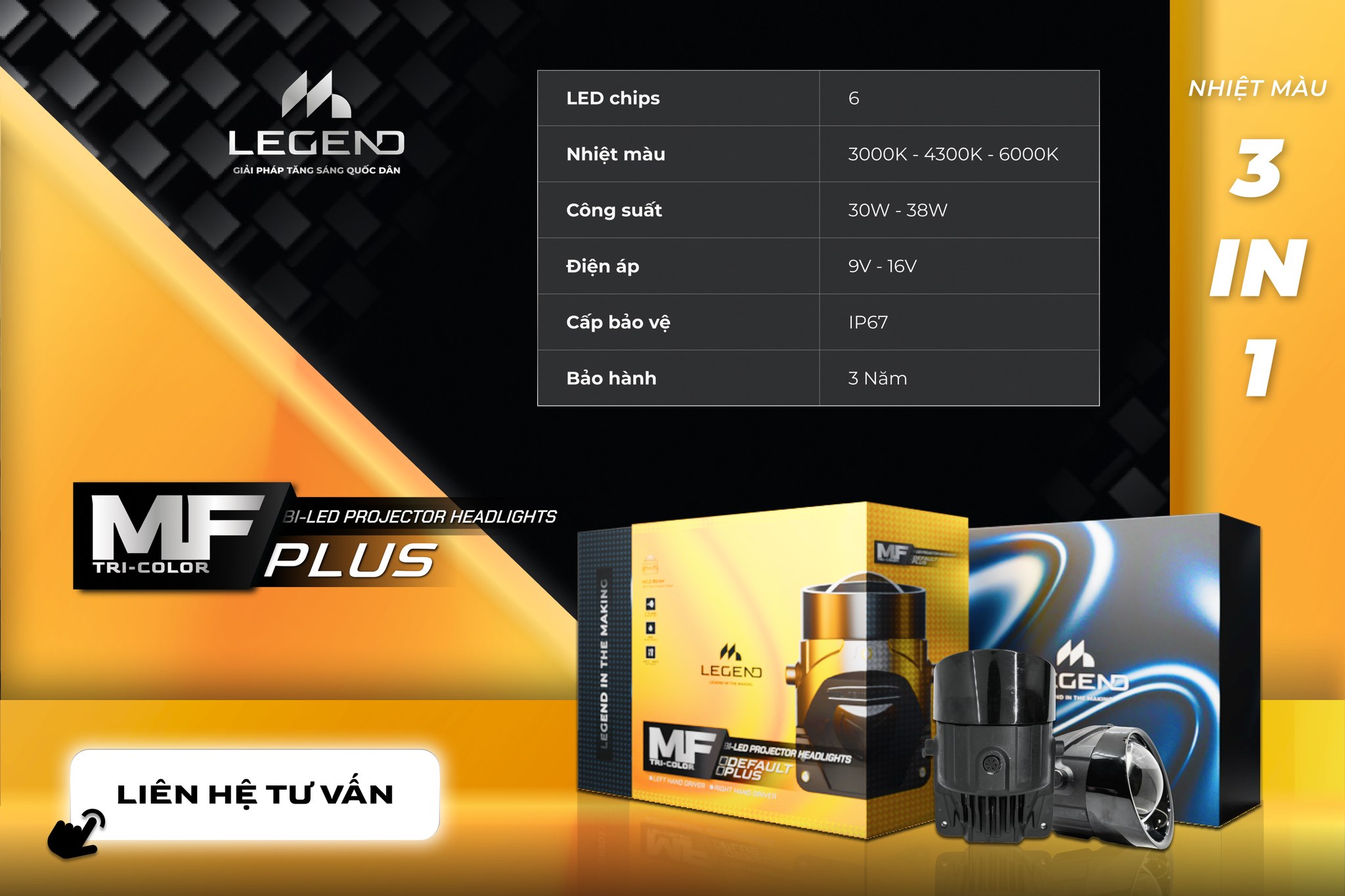 Bi led gầm MF PLUS 3 nhiệt màu - Công suất 30-38w