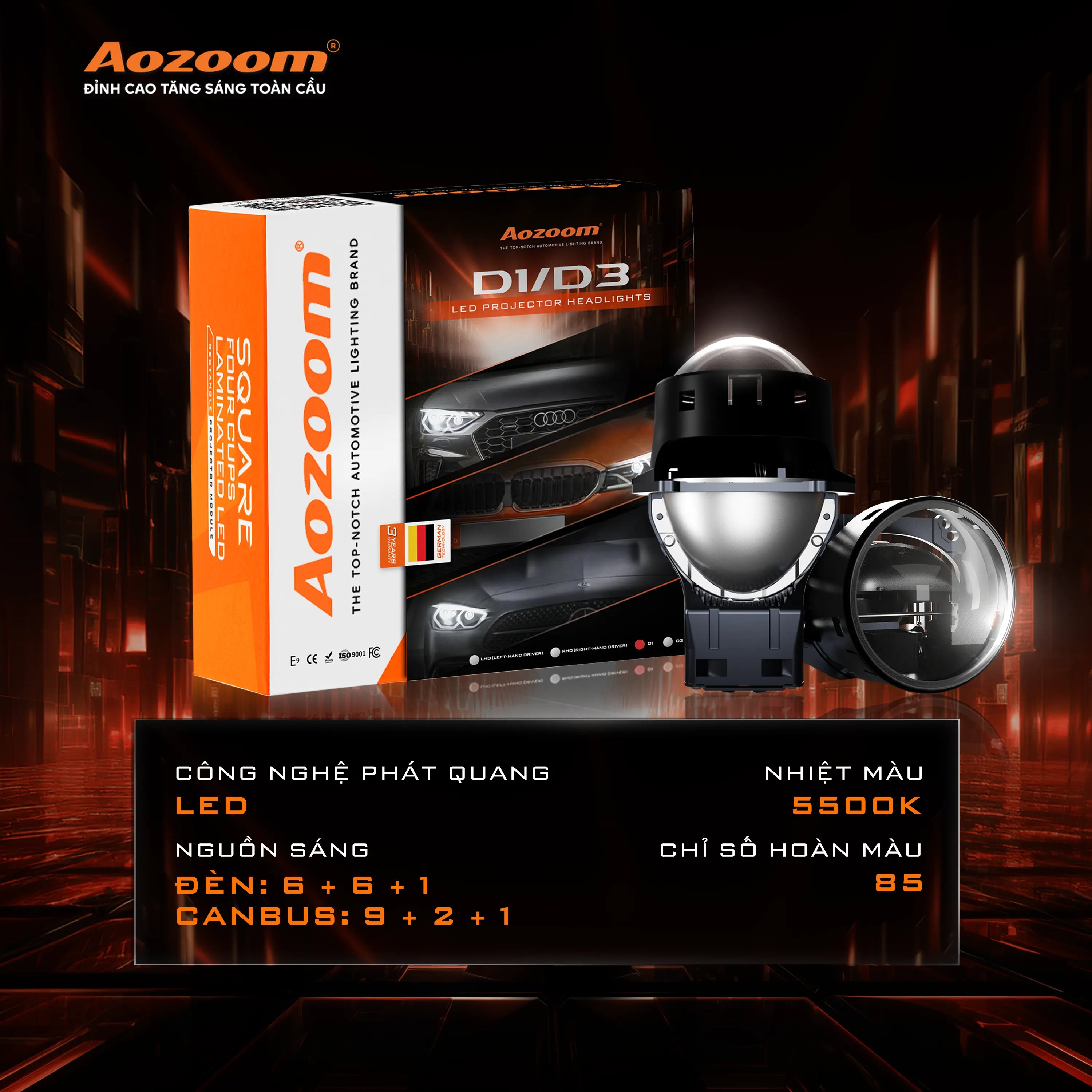 Bi Led Pha 3 inch Aozoom D1 / D3 công suất 72w - 82w