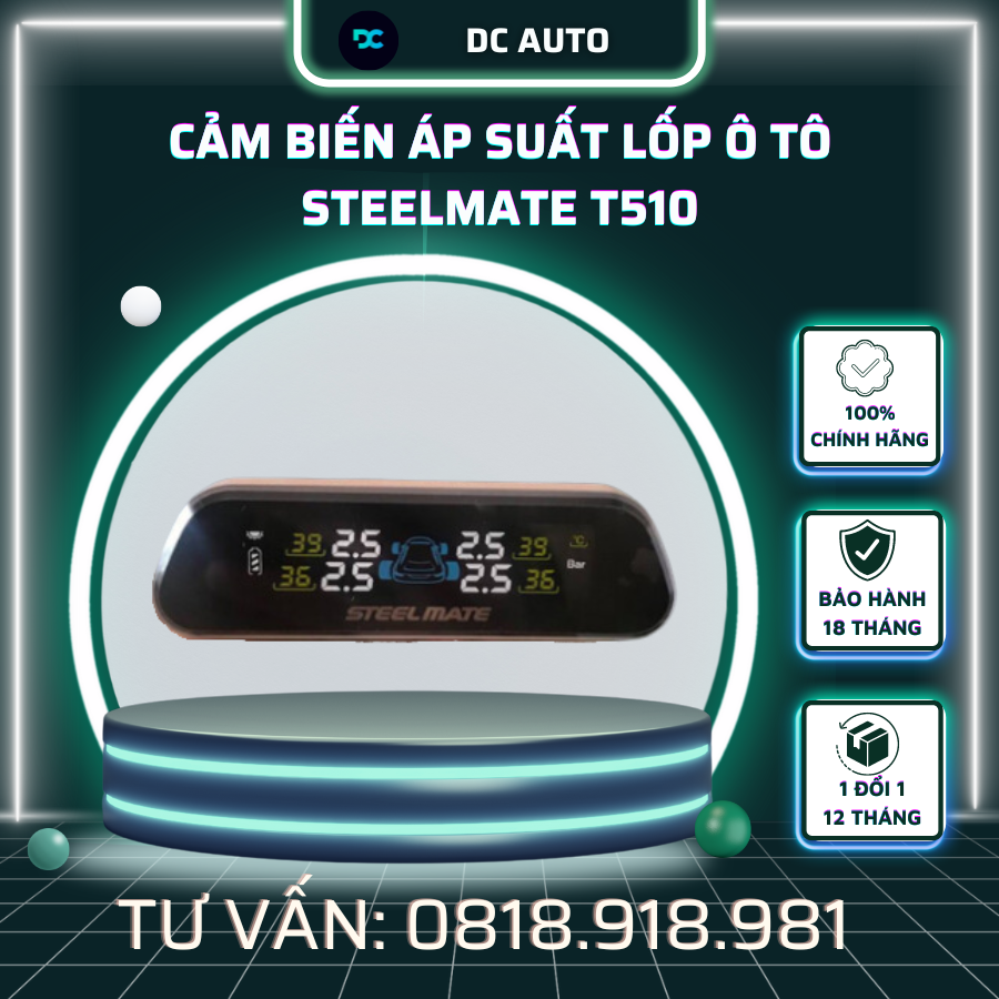 Cảm Biến Áp Suất Lốp Ô Tô STEELMATE T510 Gắn Van Sử Dụng Độc Lập Hiển Thị Màn Rời