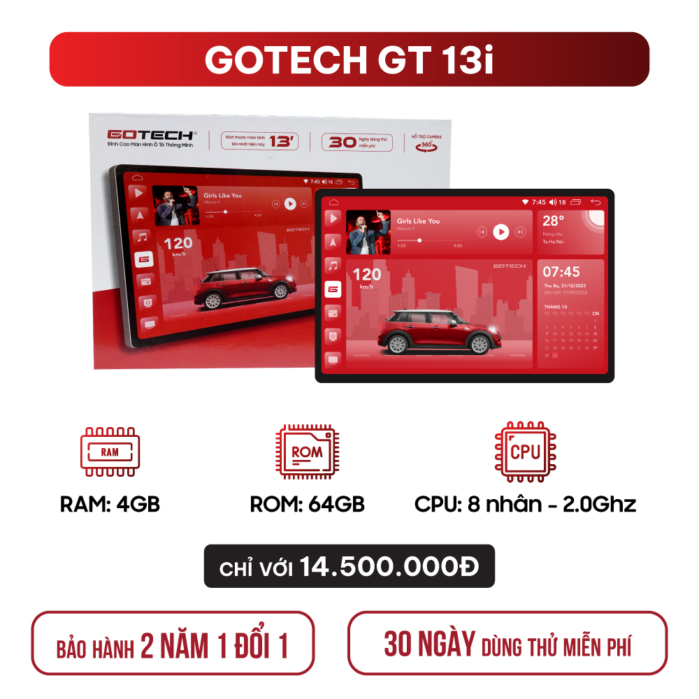 Màn hình android GOTECH 13.1 inch liền camera 360