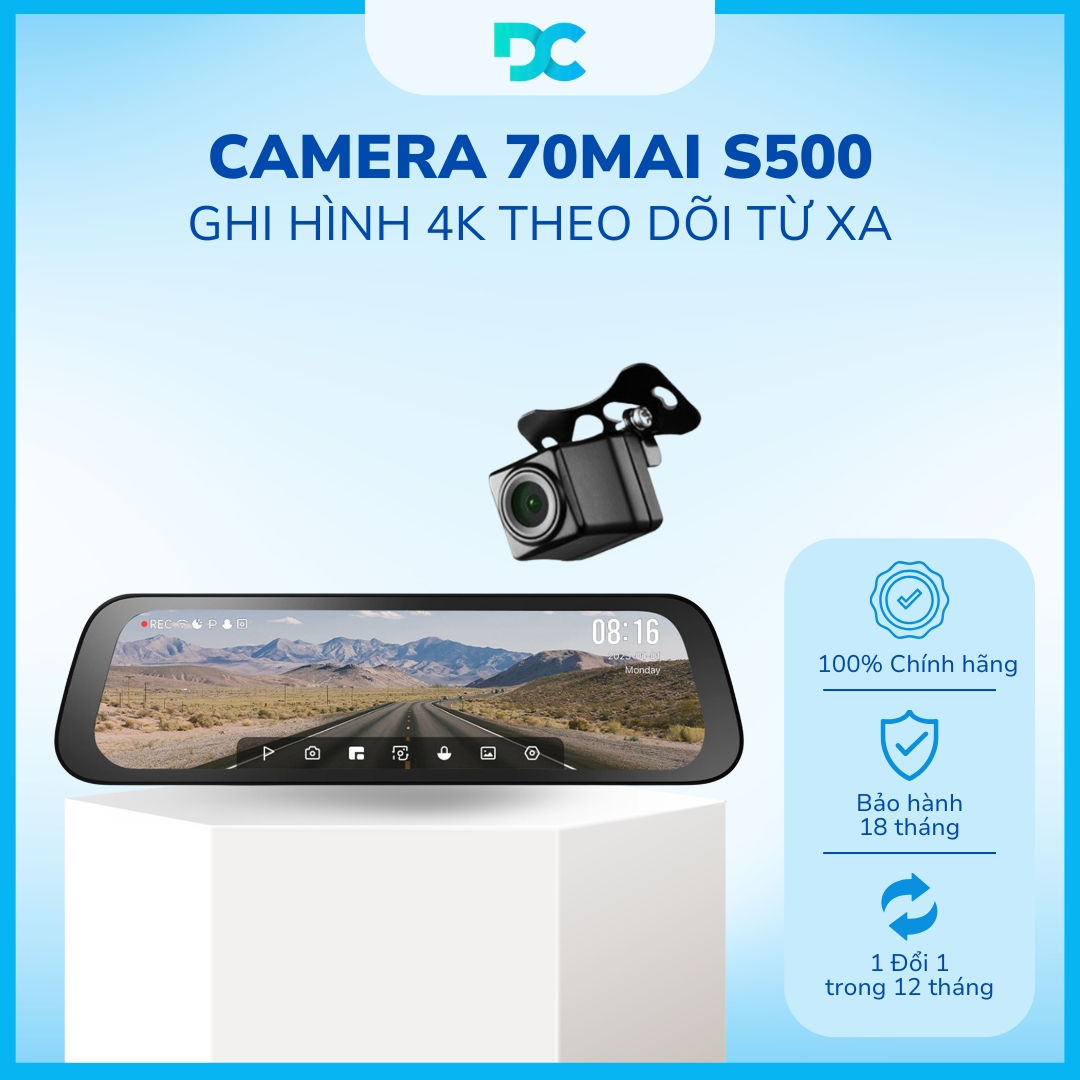 Camera Hành Trình Gương Tràn Viền 70mai S500 Ghi Hình Trước Sau 3K 